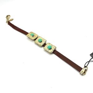 Express Brown Leather Bracelet with Gold and Green Accents